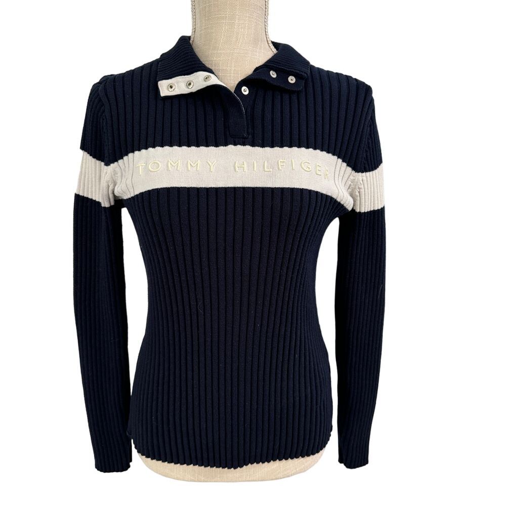 Vintage Y2K Tommy Hilfiger Spellout Logo Sweater Womens‎ Size L Navy Ribbed Snap